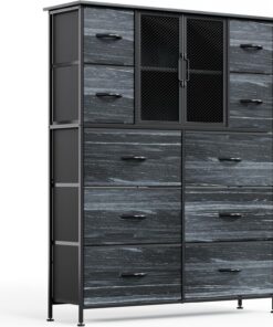 VERMESS Cómoda alta de 10 cajones con puertas de malla, cómoda de tela para dormitorio, armario de almacenamiento con marco de metal resistente con patas ajustables, color negro