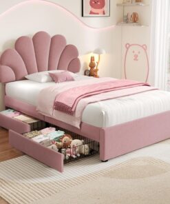 ModernLuxe Marco de cama tapizado de 90 cm con 2 cajones de almacenamiento, elegante cama individual con cabecera ajustable de pétalos elegantes, no necesita somier, fácil montaje, terciopelo, rosa