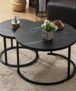 BIGTREE Juego de 2 mesas auxiliares redondas de madera, mesa de café moderna para sala de estar, juego de mesas auxiliares laterales con marco de metal para sala de estar, balcón, oficina (negro)