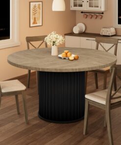 Moderna mesa de comedor redonda de estilo rústico para 4-6 a 47 pulgadas, superficie espaciosa, base de pedestal de metal con forma de onda resistente, ideal para comedor, cocina, apartamento