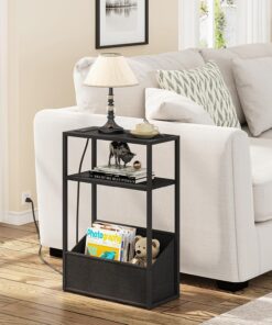 TUTOTAK Mesa auxiliar pequeña estrecha, mesita de noche con estación de carga, mesa auxiliar con almacenamiento, mesita de noche para espacios pequeños, sala de estar, dormitorio, color negro