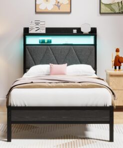 Estructura de cama de 90 x 200 cm con cabecero tapizado de madera con dos estantes, estación de carga, luces LED, estructura de cama metálica robusta, no se necesita somier tapizado