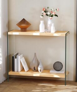 Mesa de Consola de Entrada, 80x30x76cm Mesa Auxiliar Rectangular con Tablero de MDF, Patas de Cristal, Aparador de Exposición para Salón Pasillo Recibidor, Color Madera y Transparente