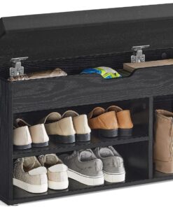 VASAGLE Custos Colección - Banco Zapatero con Cojín, Banco de Almacenamiento, 3 Compartimentos, Almacenamiento Oculto, Estantes, para Sala de Estar, Pasillo, Carga de 150 kg, Negro Ébano LHS030B03