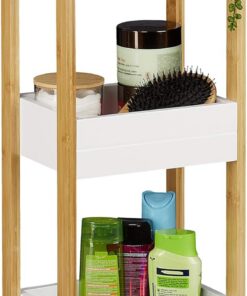 Relaxdays Estantería de baño con 3 cestas, estantería de pie de bambú y MDF, 74,5 x 28 x 20 cm, Independiente, estantería de Cocina, Color Natural/Blanco, 1 Unidad