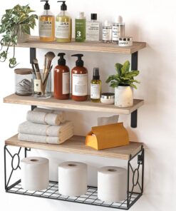 Pipishell Estantes flotantes con Cesta de Alambre de estroraje, estantes de baño de Madera de Paulownia para organización del hogar y decoración de Pared, estantes de baño/Cocina/Sala de