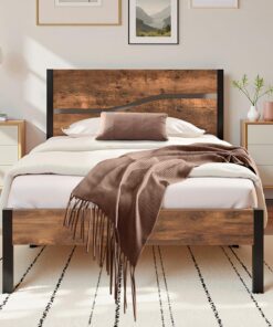 Estructura de Cama de 90 x 200 cm, Cama Individual con somier de láminas de Metal y cabecero de Madera Grueso, Estable y silencioso, Cama de Invitados y Cama Juvenil para Dormitorio, Color marrón