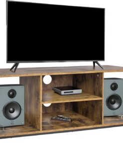 Relaxdays Mueble TV bajo Estilo Industrial con 4 estantes Abiertos, pasacables, para Pantallas hasta 55", marrón/Negro,