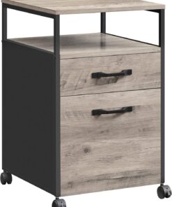 VASAGLE Archivador Móvil con 2 Cajones, Archivador de Oficina con Ruedas, Compartimento Abierto, Marco de Acero, Estilo Industrial, Greige Melange y Negro Tinta OFC071B02