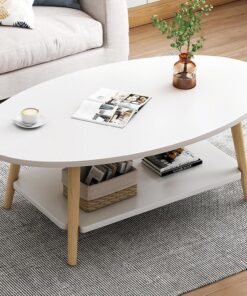 mesa de Centro Oval Moderna, Doble Capa de Madera con Estante, Grosor de la Tabla 15 mm, Blanco, Patas de Pino para Salón y Apartamento (100x40x40)