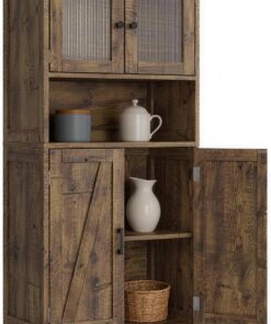 Garvee Muebles de Cocina, Armario de Almacenaje, Armario Aparador, con Puertas de Cristal y Estantes Ajustables, para Salón y Cocina, Estilo Moderno, 60 * 30 * 128 cm (Marrón)