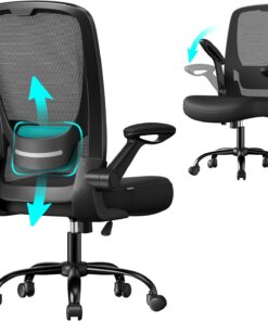 SONGMICS Silla de Oficina, Silla de Escritorio de Malla, Silla Giratoria Ergonómica, Soporte Lumbar, Oscilante, Asiento de 53 cm, Apoyabrazos Abatibles, Negro OBN037BKV2