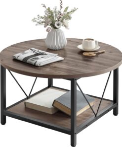 YITAHOME Mesa Auxiliar Redonda, Mesa Central Retro 80 x 80 x 46 cm, con Estante de Almacenamiento, Mesita Baja Sofá Industrial Moderna con Patas de Metal Resistentes, para Sala de Estar, Gris