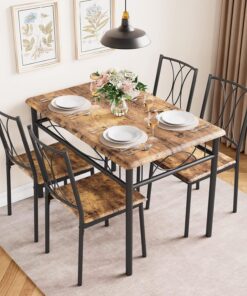 Juego de mesa de comedor de madera de 5 piezas para 4, juego de mesa de cocina rectangular con 4 sillas, juego de mesa de comedor de metal y madera que ahorra espacio para apartamento