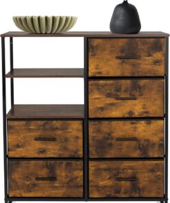 Cómoda con 6 cajones, 2 Compartimentos Abiertos RAGALA 84x30x92 cm Sistema de estanterías aparador para salón Dormitorio Pasillo, Roble Ahumado