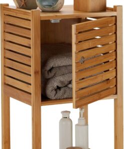 Relaxdays Cómoda baño, Tres estantes, Una Puerta, Mueble almacenaje Toallas, Bambú, 62,5 x 35 x 29 cm, 1 Ud. Marrón