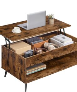 VASAGLE Mesa de Centro, Mesa de Café con Tablero Elevable, Resorte de Gas, Compartimento Oculto, Estante Abierto, para Sala de Estar, Comedor, Oficina, Marrón Rústico y Negro Tinta LCT267KD01