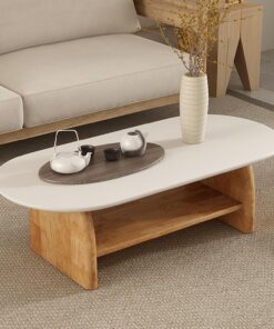 SEIFE Mesa de Centro Redonda de Madera Blanca con Almacenamiento, Mesa de Centro Ovalada de Tatami Japonesa para Sala de Estar, Oficina(White Double Layer,100cm/39in)