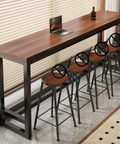 Mesa Alta Bar Rectangular Mesa Auxiliar Cocina Estrecha con Estructura de Metal para Cocina Cafetería Comedor Sala de Estar(Walnut,180x40x105cm)