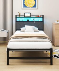 Base de cama individual de 91 cm con almacenamiento de luces LED, cabecero tapizado y estación de carga, plataforma de metal resistente, no necesita somier, sin ruido, fácil montaje