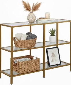 Mesa Consola Relaxdays, (73 x 100 x 30 cm), Metal, Cristal, Consola Estrecha para el Pasillo con 3 estantes, Dorada.