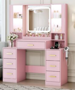 BORNOON Tocador de maquillaje con tira de luz LED, espejo y silla, 7 cajones y 2 armarios RGB, escritorio de maquillaje blanco, iluminación LED y taburete acolchado para mujeres, niñas, adolescentes