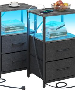 TUTOTAK Mesa auxiliar LED con estación de carga, mesita de noche con cajón de tela, mesa auxiliar con 1 puerto USB y 1 puerto tipo C, juego de 2, mesa de sofá, gris carbón TB01BY052L