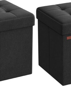 SONGMICS Puff Almacenaje 38 cm, Baúl de Almacenaje, Taburete Reposapiés, Negro Tinta LSF27B01 (Paquete de 2)