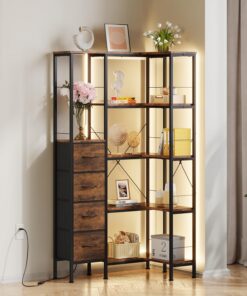 Estanteria Esquina 5 Niveles LED 4 Cajones Tela, Estanterias Libros Rustica | Libreria Estanteria Esquinera, Estanteria para Libros Industrial, Almacenaje para Sala Dormitorio Oficina