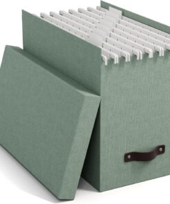 BIGSO JOHAN Caja para archivar con tapa, elegante caja de archivo, incluye 8 carpetas colgantes, caja colgante de tablero de fibra y papel con elegante aspecto de lino, color verde menta