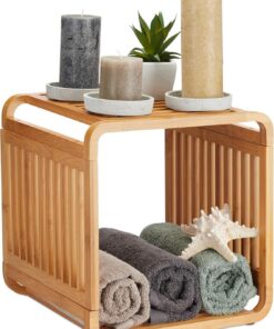 Relaxdays Estantería de bambú, Organizador Redondeado, Mueble con Dos estantes, Cuadrado, Marrón, 33x33x33 cm