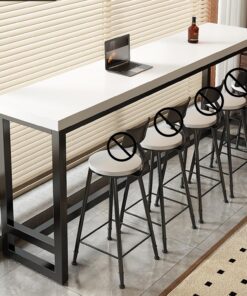 Mesa Alta Bar Rectangular Mesa Auxiliar Cocina Estrecha con Estructura de Metal para Cocina Cafetería Comedor Sala de Estar(Wit,140x40x105cm)