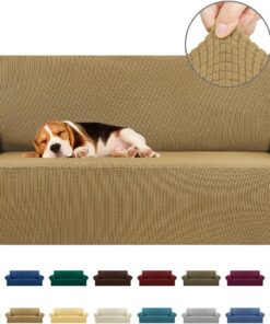 KEKUOU Stretch Loveseat Sofa Cover Slipcover,Couch Covers for 2 Cushion Couch Sofa (55"-79") Furniture Protector Sofa with Elastic Bottom for Kids,Dog. Jacquard Small Checked (Medium,Tan)