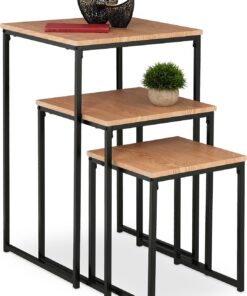 Relaxdays Mesas Auxiliares, Pack de 3, Mesitas de Salón, 3 Tamaños, Diseño Nido, de Metal, Cuadradas, Marrón Claro/Negro