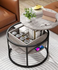 HOJINLINERO mesa de centro redonda, altura regulable, salón con almacenamiento oculto, placa elevadora, mesas de café, madera (gris)