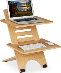 Relaxdays Soporte Ordenador de Pie, Altura Regulable, 2 Baldas, Bambú, Accesorio para Escritorios, Oficina, Natural