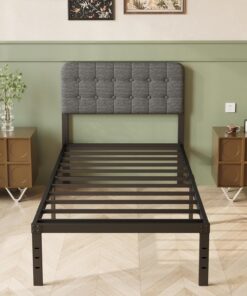 Lutown-Teen 90 x 200 cm Marco de Cama de Metal con Cabecero Tapizado Gris | Altura 36 cm, Soporte de Lamas de Acero,Amplio Almacenamiento Debajo de la Cama, Fácil Montaje, Libre de Ruidos