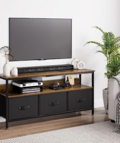 Zstar Mueble de TV con 3 cajones de Tela y estantes Abiertos para televisores de 55 Pulgadas, Patas Ajustables con Marco de Metal para salón, Pasillo, Dormitorio, decoración de Color marrón