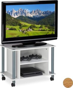 Relaxdays Mueble TV con Ruedas, Mesa televisión con 2 Compartimentos, Tablero de Partículas, 45 x 60 x 40 cm, Blanco y Plateado