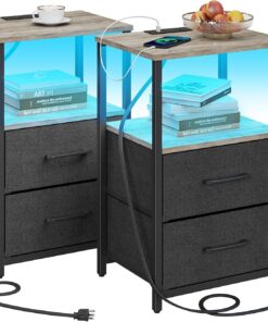 TUTOTAK Mesa auxiliar LED con estación de carga, mesita de noche con cajón de tela, mesa auxiliar con 1 puerto USB y 1 puerto tipo C, juego de 2, mesa de sofá, gris TB01BG052L