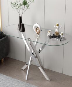 GOLDFAN Mesa consola de cristal de estilo moderno y contemporáneo, mesa de pasillo con patas tubulares cromadas, mesa de vestíbulo para entrada, sala de estar, oficina, rectangular con extremos