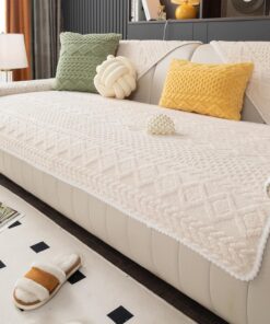 Funda de sofá cálida de felpa jacquard geométrica, funda de sofá suave y divertida, funda de sofá modular antideslizante, protector de muebles acogedor y lavable para niños y mascotas (beige