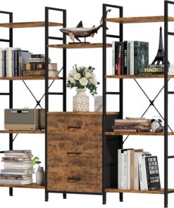 Libreria Estanteria 4 Niveles 100W x142Hcm 3 Cajones, Marrón Rústico | Estanteria Libros de Alto, Cajones de Tela, Estantería Grande, Industrial, para Sala de Estar Dormitorio Estudiar