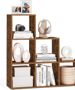 VASAGLE Librería, Estantería de Escalera, mamparo Separador, Mueble de Almacenamiento, 6 Compartimentos, para Oficina, Sala de Estar, Dormitorio, marrón, rústico, LBC63BX