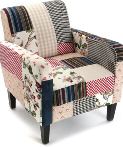 Versa Romantic Patchwork Butaca Orejera para Salón, Dormitorio o Comedor. Sillón para Lectura de Diseño Vintage, con Apoyabrazos, Medidas (Al x L x An) 71 x 77 x 65 cm, Algodón y Madera, Color Azul
