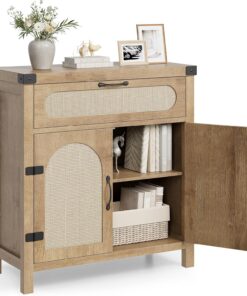 Aparador moderno de ratán para entrada, buffet de almacenamiento con cajón y estantes ajustables, acento Credenza para sala de estar, comedor, pasillo o cocina, 80 x 40 x 80 cm, color natural