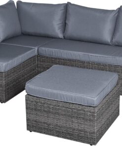 Bravich Juego de sofá esquinero de ratán de 6 plazas y reposapiés, juego de 4 piezas para exteriores con taburete, funda para lluvia y cojines, totalmente montado, resistente a la intemperie (gris)