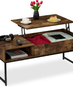 Relaxdays Mesa de Centro Abatible, Mesita Baja, 45x110x50 cm, Compartimento Lateral y de Almacenamiento, Metal, Marrón