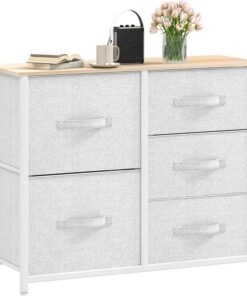 DWVO Cómoda de Tela con 5 cajones, cómoda para Dormitorio, Sala de Estar con Asas, Parte Superior de Madera y Marco de Acero Resistente, Color Gris Claro