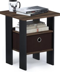 Furinno Andrey Mesa Auxiliar, Madera, Nuez/Marrón Oscuro, Talla única | Estantes abiertos y contenedor de almacenamiento, mesita de noche, para sala de estar, dormitorio